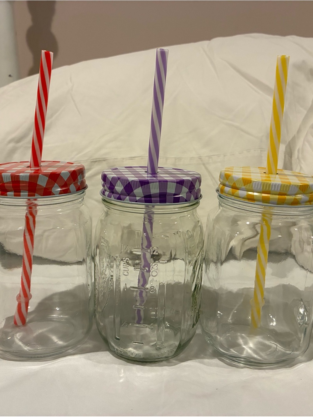 Gingham Check Mason Jar Drinking Glass with Straw - Purple